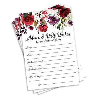 Imagem de 50 Burgundy Aquarela Floral Wishes for The Bride and Groom - (50 cartões) Conselhos de casamento e bons desejos Livro de convidados Alternativo Rústico Vintage