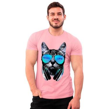 Imagem de Camiseta Gato Felino Oculos Fone Shap Life T-Shirt Algodão - Mecca