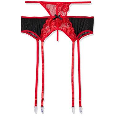 Imagem de Yaffa Lingerie Cinta Liga com Ajuste e Calcinha, Preto/Vermelho