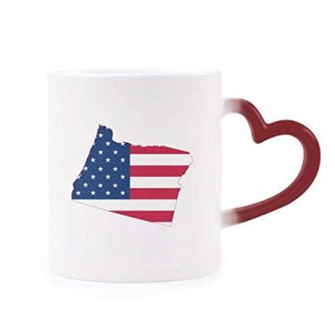 Imagem de Caneca Oregon USA Mapa Estrelas Listras Bandeira Sensível ao Calor Caneca Grés Mudança de Cor Vermelha