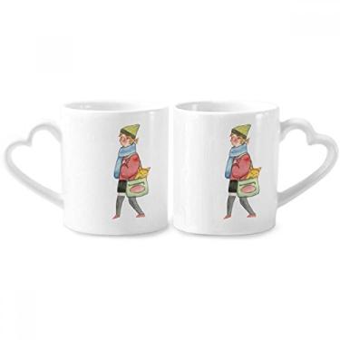 Imagem de Miaoji Conjunto de canecas de porcelana com pintura de gato e compras para casais, xícara de amante de cerâmica com alça de coração