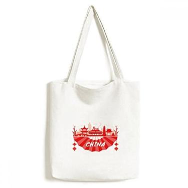 Imagem de Red Outline Landmark China Fan Tote sacola sacola de compras bolsa casual bolsa de mão