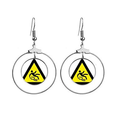 Imagem de Símbolo de aviso amarelo e preto escorregadio triângulo brincos pendentes joia círculo gota