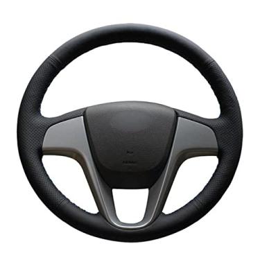 Imagem de JEZOE Capas de volante costuradas à mão Cobertura de volante de carro de couro preto, apto para Hyundai Elantra 4 2016 2017 Renault