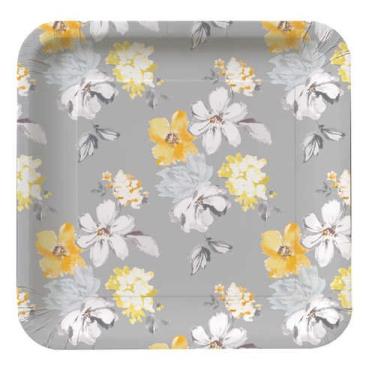 Imagem de Pratos de jantar de papel quadrados, flores de pomba