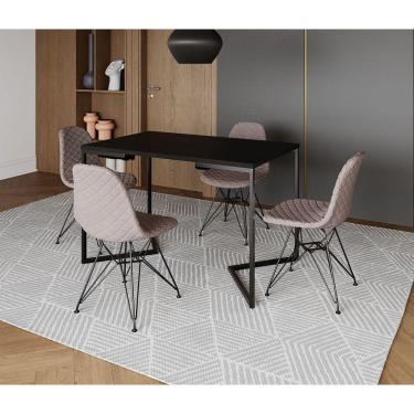 Imagem de Mesa Jantar Industrial Retangular Preta 120x75 Base V com 4 Cadeiras Estofadas Nude Médio Aço Preto