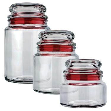 Imagem de Conjunto de Potes Multiuso Euro Home Transparente/Vermelho em Vidro e PVC – 3 Peças