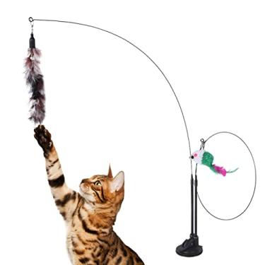 Imagem de vara gato, vara pena gato cabeça dupla, com fivela fixa e ventosa brinquedos engraçados para gatinhos pesca para gatos perseguição Gentle