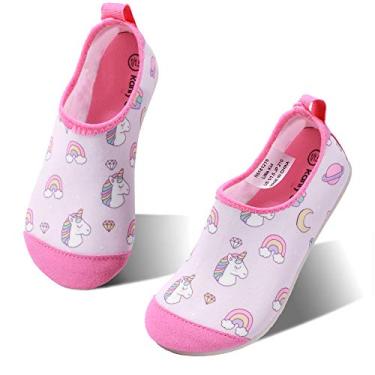 Imagem de Meias infantis hiitave para piscina e bebês de secagem rápida e antiderrapante, com pés descalços para nadar e nadar na praia, Pink Unicorn/Rainbow, 3.5-4 Big Kid