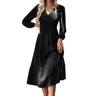 Imagem de UIFLQXX Vestido de coquetel feminino 2023 outono cor pura vestido envoltório manga longa decote em V cintura alta vestido evasê, Preto, M