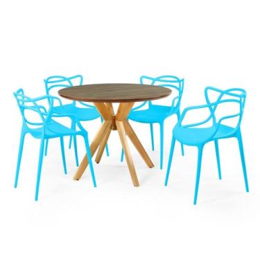 Imagem de Conjunto Mesa de Jantar Redonda Marci Premium Natural 100cm com 4 Cadeiras Allegra - Azul