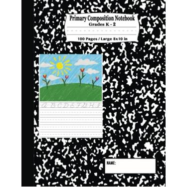 Imagem de Caderno de composição primária: Desenhe e escreva com espaço de imagem na parte superior - mármore preto e branco - Prática de caligrafia de grau K-2 - Diário de livro de histórias - Pautado largo -