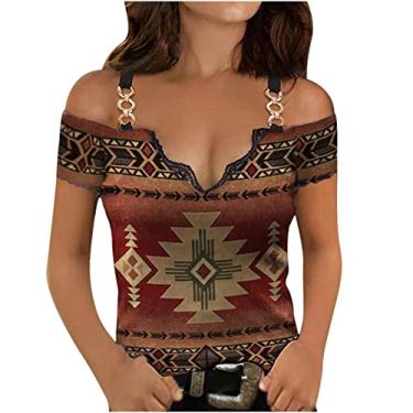 Imagem de Feminino sexo renda profunda decote em v estampado metal cami tops camisa de manga curta Camiseta Camisola Túnicas Casual Top estampada decote Étnico Tribal Geométrico Asteca Ocidental M78-Vinho Large