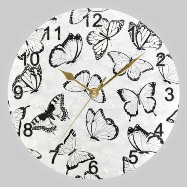 Imagem de CHIFIGNO Relógio de parede preto branco voando borboletas circulares, relógios de parede silenciosos operado por bateria relógio de parede suspenso para casa, escola, escritório