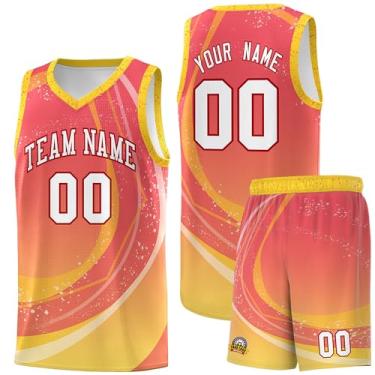 Imagem de Camiseta de basquete personalizada - Número do nome do time personalizado uniforme esportivo para homens mulheres jovens, Tangerina e amarelo-20, One Size