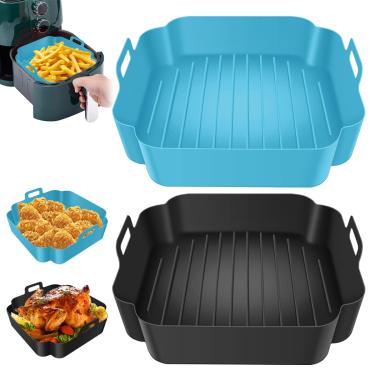 Imagem de QENWKXZ 2 peças panela de silicone para fritadeira a ar com alça reutilizável forro de fritadeira a ar resistente ao calor cesta de silicone bandeja quadrada para assar fritadeira a ar acessórios