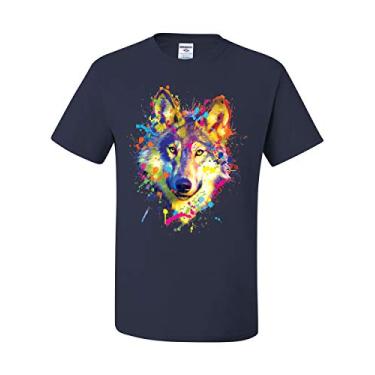 Imagem de Camiseta Neon Wolf Head Paint Splatter Lone Wolf Spirit Animal, Azul-marinho, XXG