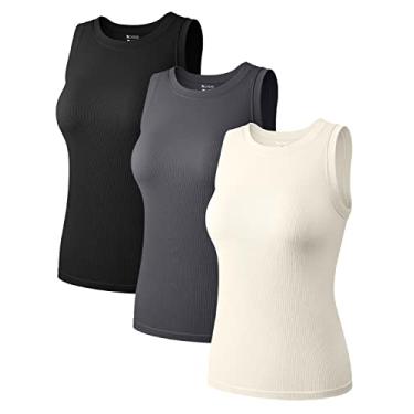 Imagem de OQQ Camiseta regata feminina de 3 peças sem mangas, gola redonda, com elástico, Preto, cinza-escuro, bege, GG
