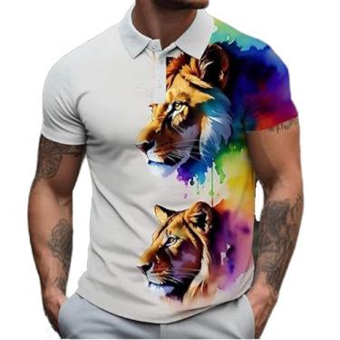 Imagem de Camisa polo masculina de manga curta com estampa de leão animal e design elegante de botão, Zphq6598, 3G