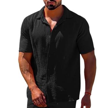 Imagem de BAFlo Camisa masculina de linho casual lapela cor sólida manga curta botão roupas masculinas, Preto, GG