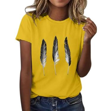 Imagem de Camiseta feminina com estampa de penas, gola redonda, manga curta, caimento solto, casual, túnica de verão, Amarelo, XXG
