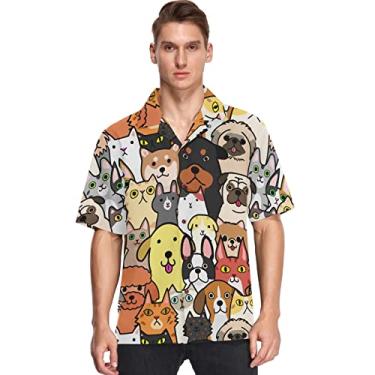 Imagem de visesunny Camisa masculina casual de botão manga curta havaiana divertida gato cachorro desenho animal Aloha camisa, Multicolorido, G