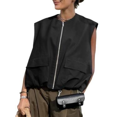 Imagem de PAODIKUAI Blazer feminino casual com zíper e bainha franzida, leve, sem mangas, jaqueta grande com bolsos, Preto, GG