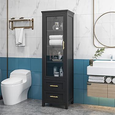 Imagem de Armário alto de chão de banheiro com 2 gavetas, armário de armazenamento independente, fácil montagem, para cozinha doméstica, sala de estar (preto)