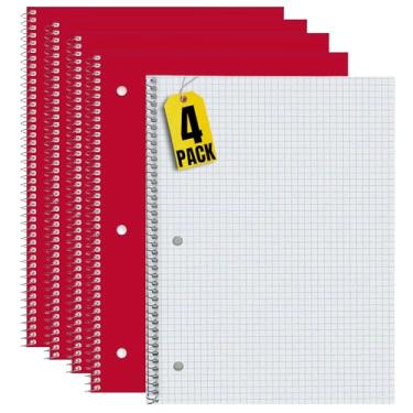 Imagem de 1InTheOffice Caderno espiral de papel gráfico 8,5 x 11, caderno pautado gráfico 5 quadrados por polegada, vermelho, 70 folhas, 20,3 x 26,6 cm, pacote com 4