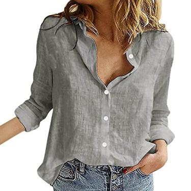 Imagem de Camiseta feminina de verão de linho de manga comprida, caimento solto, cor lisa, gola V, botão, túnica, Cinza, M