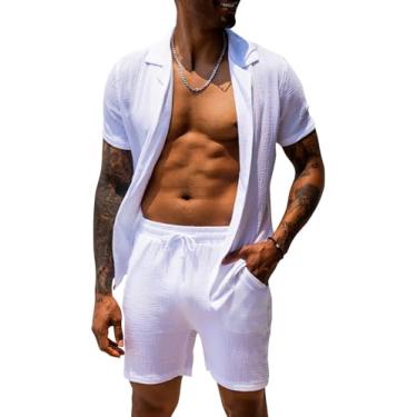 Imagem de URRU Conjunto masculino de linho 2024 moda verão manga curta camisa e shorts roupa praia tropical férias, A - Branco, G