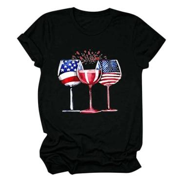 Imagem de Camiseta feminina com bandeira dos EUA taças de vinho estampadas 4 de julho camiseta camiseta verão dia da independência, Preto, P