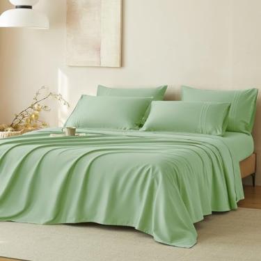 Imagem de JELLYMONI Jogo de lençol Queen verde grama - 400 fios 100% algodão cetim lençóis para cama king size, lençóis macios e refrescantes, 4 peças de cama de luxo de hotel, conjunto de lençóis de cetim de