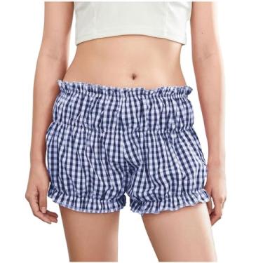 Imagem de Short feminino de compressão, sexy, cintura baixa, xadrez, camisetas femininas de verão, manga curta, gola V arredondada, bolso, Azul, M