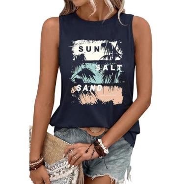 Imagem de Camiseta regata feminina On Cruise Time coqueiro para férias de verão, sem mangas, casual, praia, praty, camiseta estampada, Azul escuro, GG