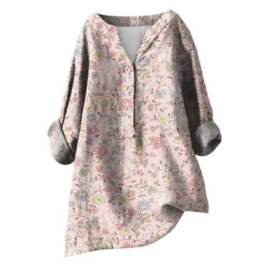 Imagem de Camisetas femininas de linho com estampa floral vintage de verão 2024, casual, gola V, blusas elegantes de manga comprida e caimento solto, rosa, XXG
