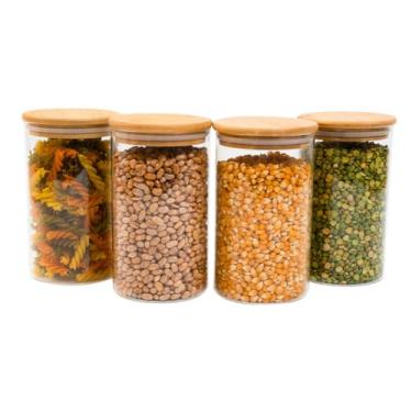 Imagem de KIT 4 Potes de Vidro Hermetico Redondo 600ML com Tampa de Bambu Porta Condimento Mantimentos BRIWAX