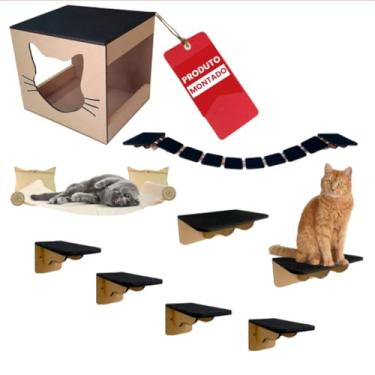Imagem de Kit Playground 9 peças Mdf Para Gato Degrau Ponte Nicho Rede madeira Pinus