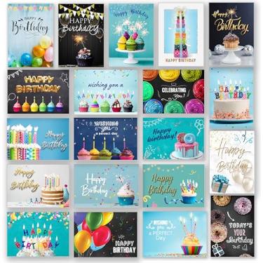Imagem de 160 cartões de feliz aniversário com envelopes, adesivos e saudações de aniversário genéricos dentro – 20 notas de designs exclusivos, cartolina grossa, acabamento fosco em uma caixa resistente, 10 x