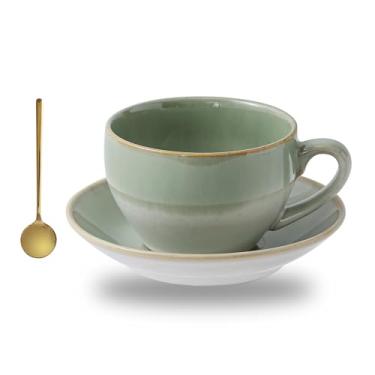 Imagem de Xícara de café de porcelana com colher de pires, xícara de chá de café expresso de cerâmica de design vintage cappuccino barista com pires (330 ml, 350 ml, branco ambos verdes)