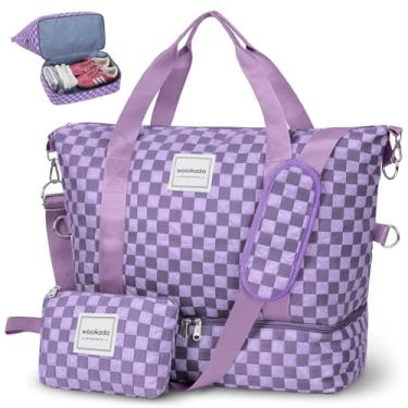 Imagem de WOOMADA Bolsa feminina de fim de semana, bolsa de viagem com compartimento para sapatos e bolso molhado, bolsa de itens pessoais para companhias aéreas, Tabuleiro xadrez lavanda