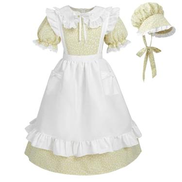 Imagem de LTAKK Fantasia colonial da Pioneer Dress Girls com avental e gorro, Amarelo oliva, G
