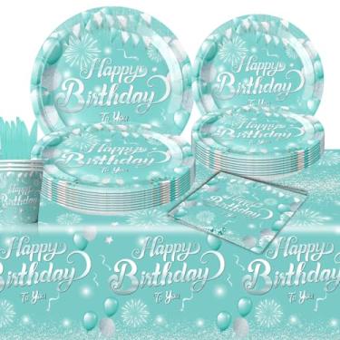 Imagem de Conjunto de 81 peças de pratos e guardanapos de aniversário azul claro com decorações de festa de feliz aniversário, pratos de papel, guardanapos e garfos de plástico, facas, colheres servem para 10