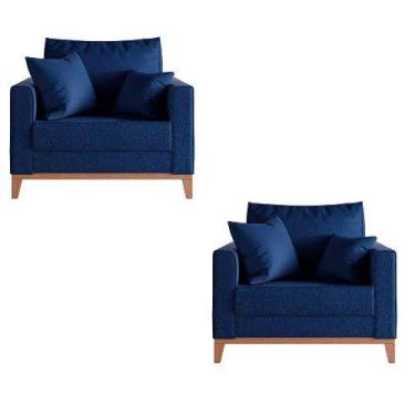 Imagem de Kit 02 Poltrona Beny Pés E Base Em Madeira Suede Marinho - Fm - Fina M