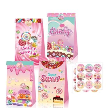 Imagem de PHOGARY 12 peças de sacos de guloseimas Candyland para lembrancinhas de festa de Candyland, sacos de doces com adesivos, sacos de guloseimas de papel, sacos de presente doce para chá de bebê,