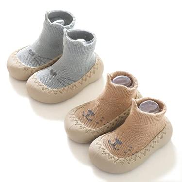 Imagem de HOVELL 2 pares de meias antiderrapantes para bebês, meninos e meninas, sola de borracha para uso interno, Azul e marrom (médio) - 2 pares, 18-24 Months Toddler