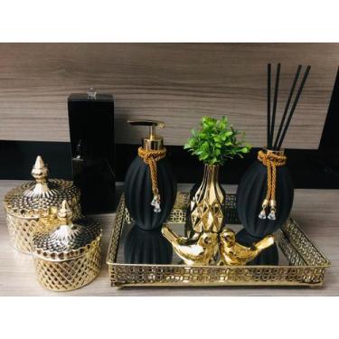 Imagem de Kit Lavabo Completo Preto Gold Aroma Sabonete Porta Escovas - Ateliê C