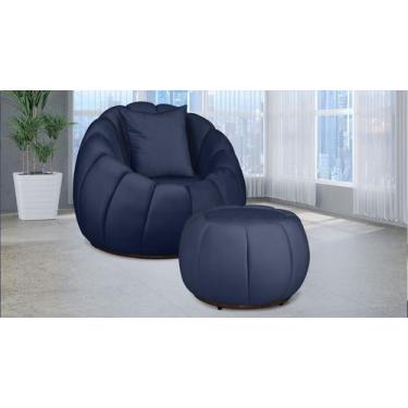 Imagem de Kit Poltrona C/ Puff + Almofada Concha Veludo Azul Marinho - LM DECOR