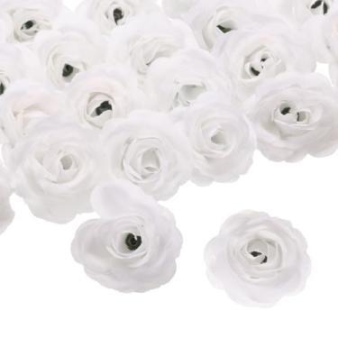 Imagem de uxcell 50 peças de flores artificiais de rosa, cabeças de rosas falsas de seda de 3 cm, mini flores artificiais a granel para buquês de casamento, decoração de casa, festa e casa, branco