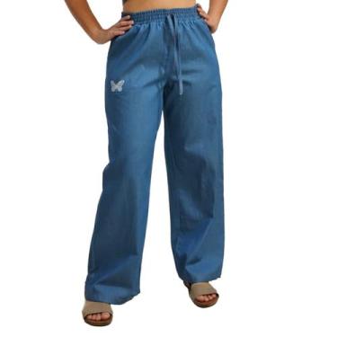 Imagem de Calça Pantalona Feminina Wide Jeans Leg Cos Alto com Elastico cintura 